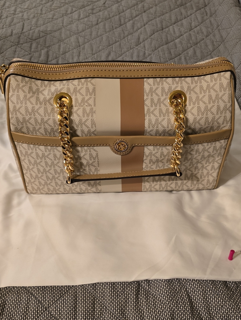 Michael Kors Beige, Tan and Cream Stripe Chain Shoulder Bag